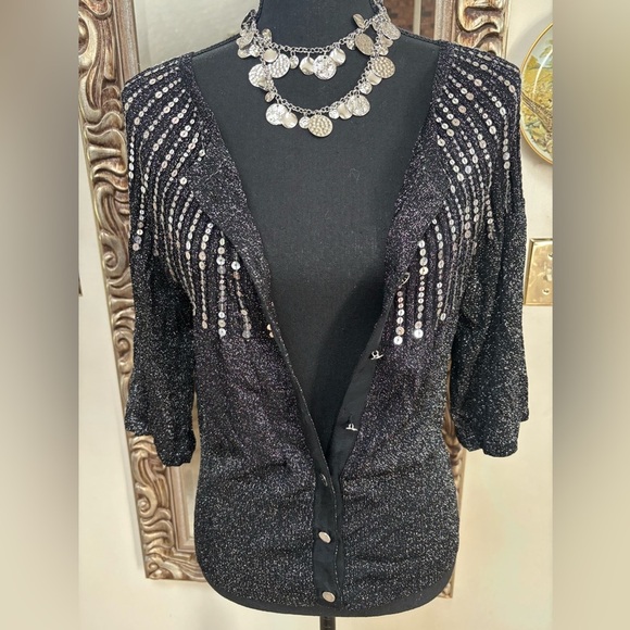 HAROLDS LUXURY BLACK DRESSY CARDIGAN SILVER SEQUINS METALLIC THREAD TOP SZ M - Picture 9 of 11